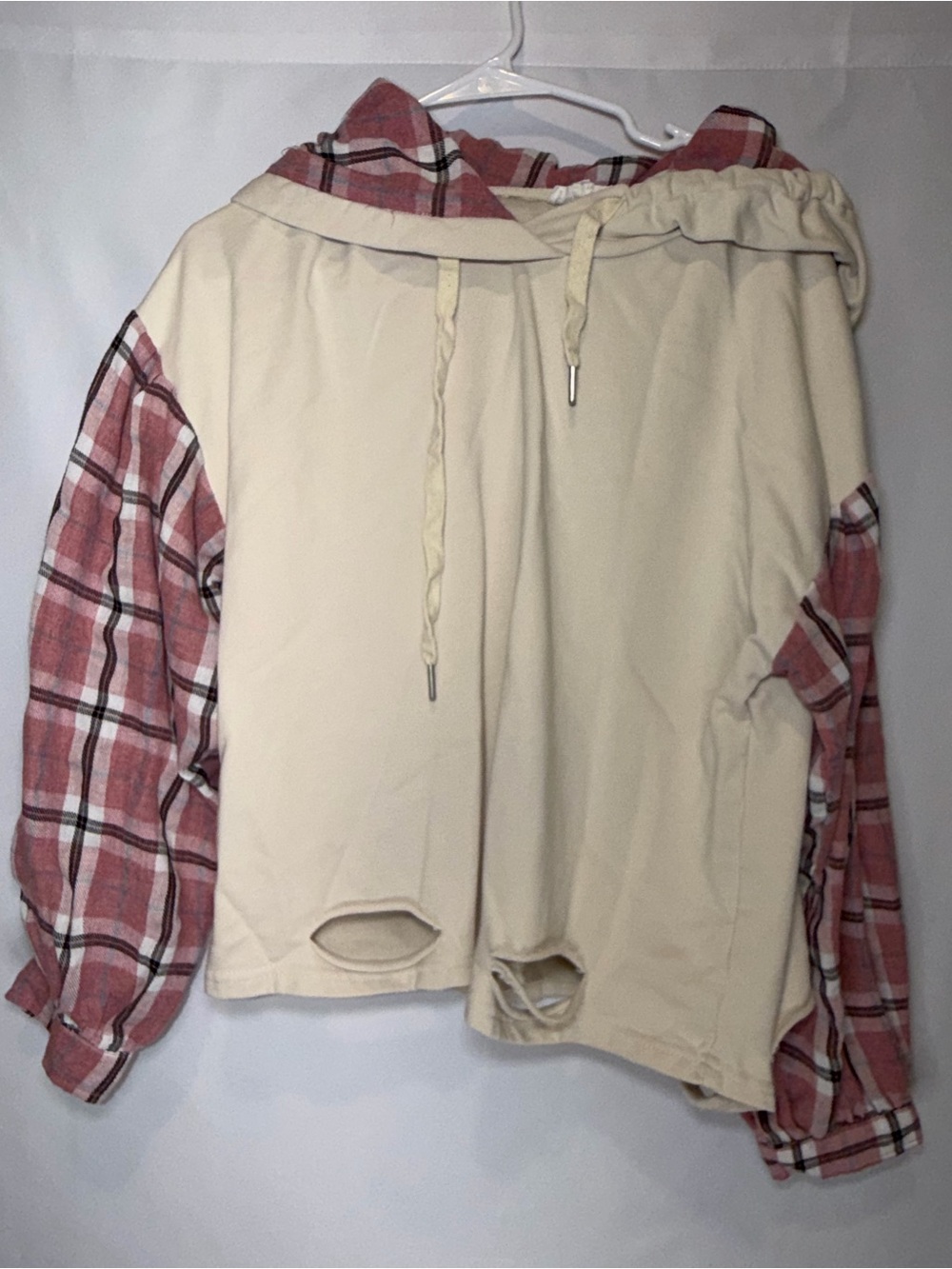 Dance & Marvel Cream Hoodie with Pink Plaid Accents